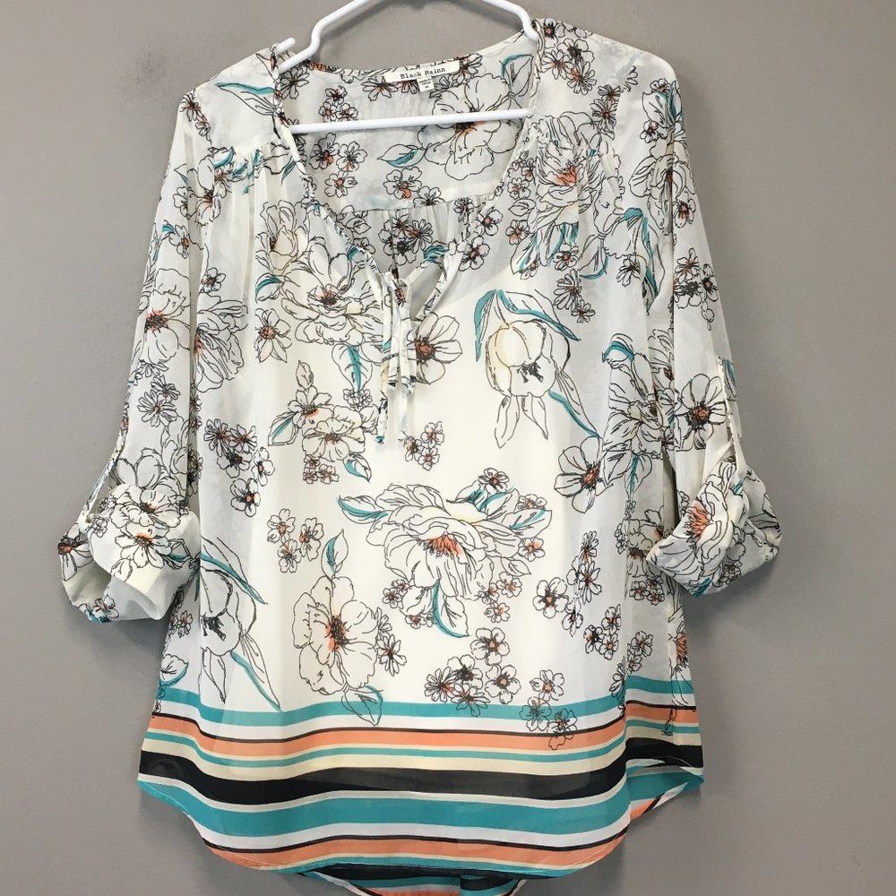 Black Rainn Floral Built In Tank Roll Sleeve Top